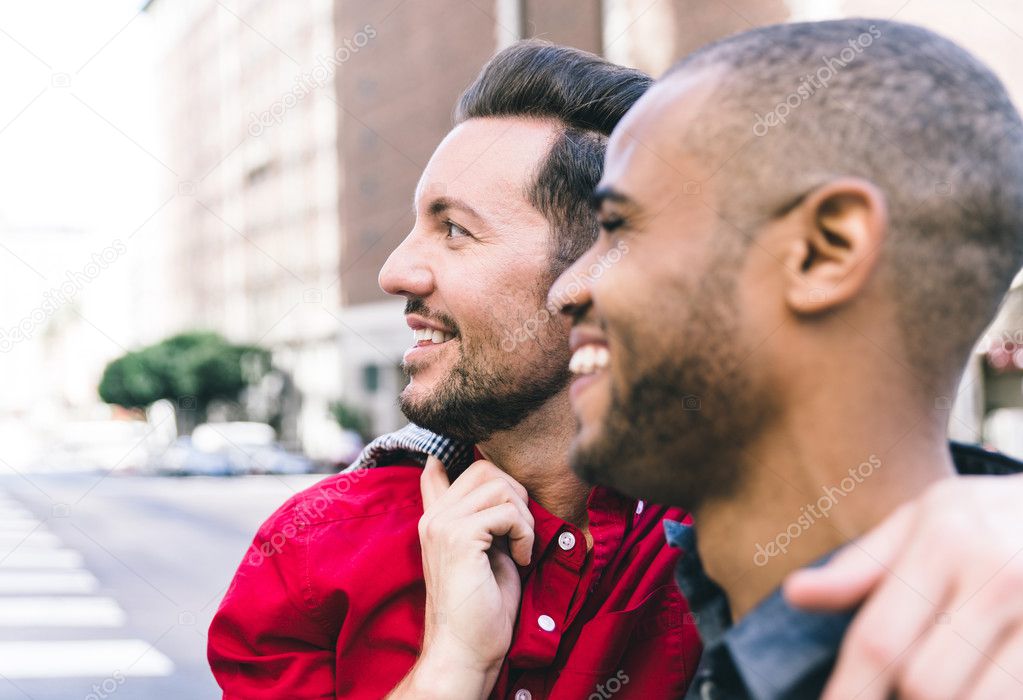 Gay couple walking in the city