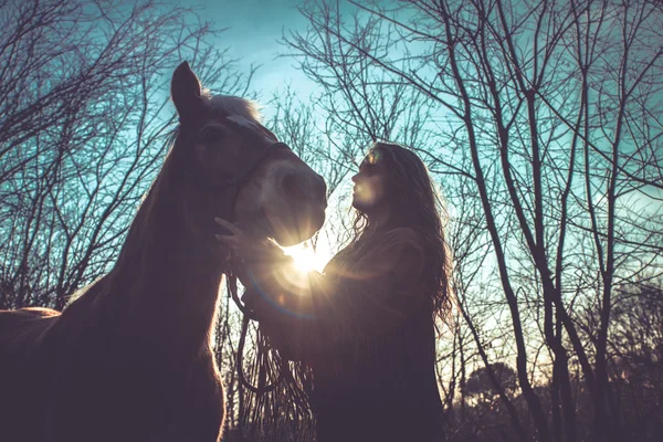 Mulher acariciando cavalo — Fotografia de Stock