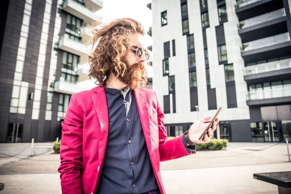 Hipster man in red suit — Stock Photo, Image