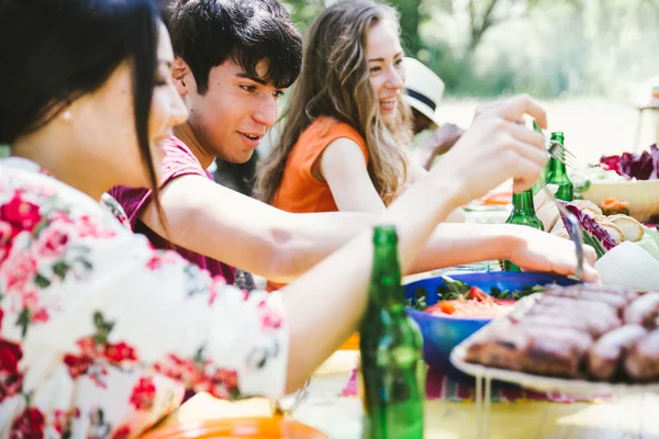 Amigos comendo e bebendo no piquenique — Fotografia de Stock