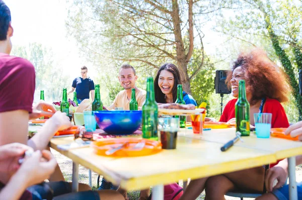 Друзья едят и пьют на пикнике — стоковое фото