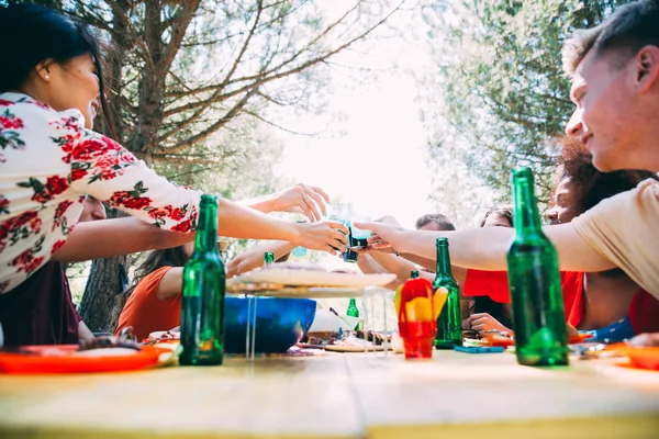 Amigos comendo e bebendo no piquenique — Fotografia de Stock