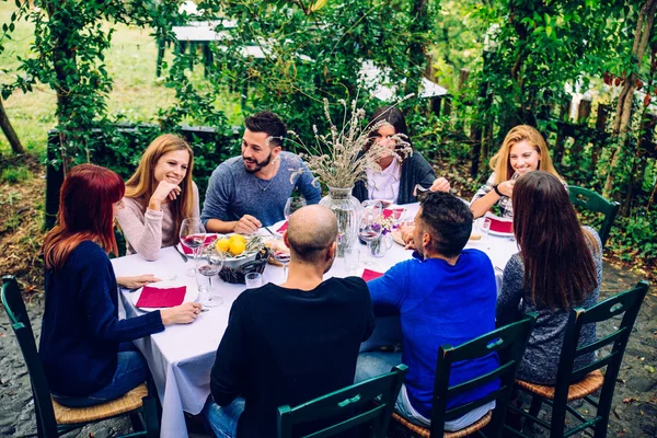 Venner som spiser middag i hagen – stockfoto