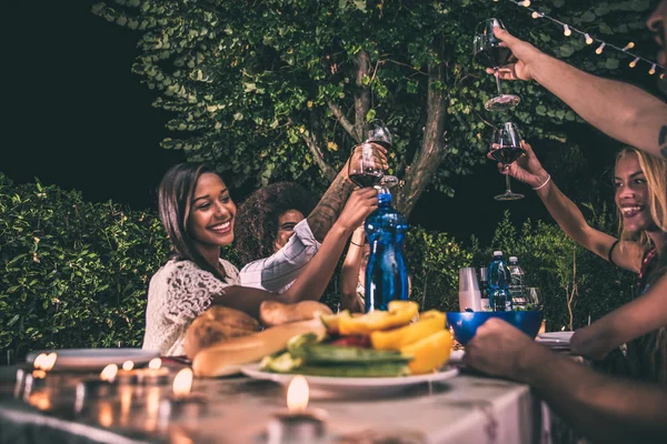 Friends making barbecue in backyard