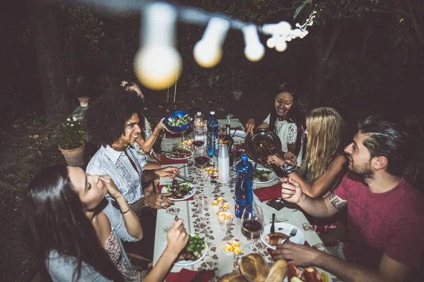 Friends making barbecue in backyard