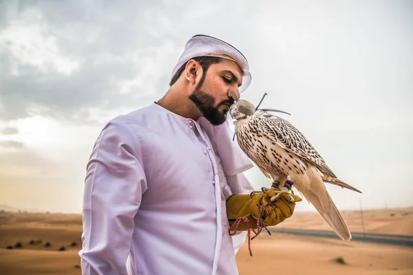 Arabische man met hawk — Stockfoto