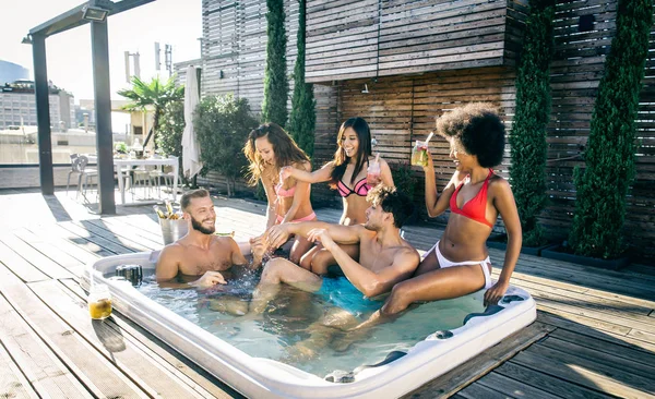 Friends partying on a rooftop