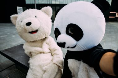 Panda ve ayıcık şehir etrafında eğleniyor