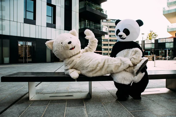 Panda e ursinho de pelúcia se divertindo pela cidade — Fotografia de Stock