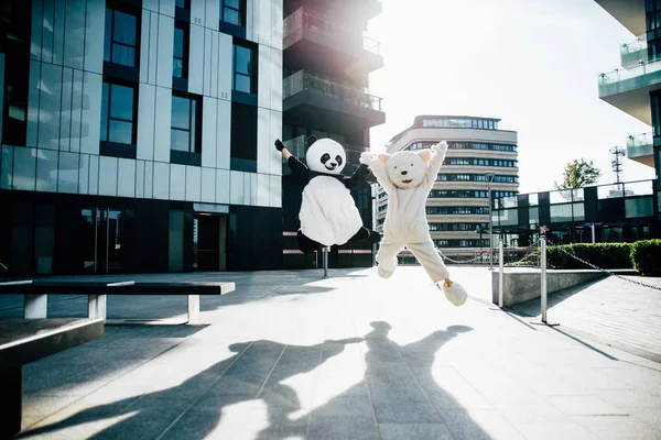 Panda en teddy bear plezier rond de stad — Stockfoto