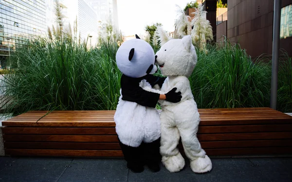 Panda og bamse har det sjovt rundt i byen - Stock-foto
