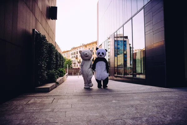 Panda i Miś zabawy wokół miasta — Zdjęcie stockowe