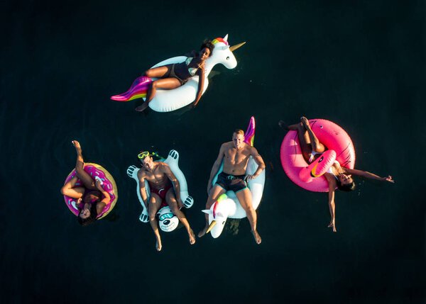 Happy People Partying Animal Fruit Shapes Mats View — Stock Photo, Image