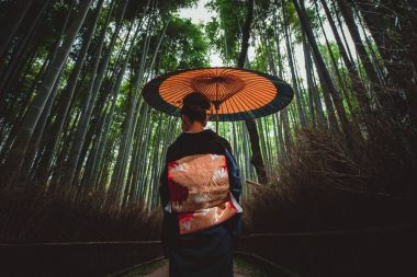 Güzel Japon kadın bambu ormanında yürüyüş kıdemli