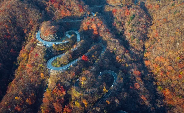 Krásné křivolaké ulice na hoře Nikko, Japonsko. Letecký pohled — Stock fotografie