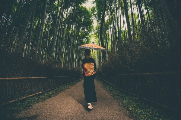 Hermosa japonesa mayor mujer caminando en el bosque de bambú — Foto de Stock