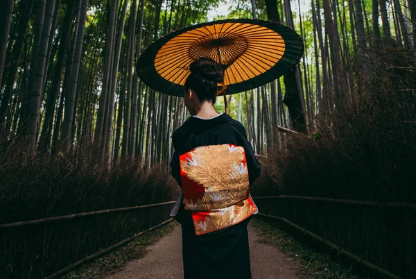 Beautiful japanese senior woman walking in the bamboo forest