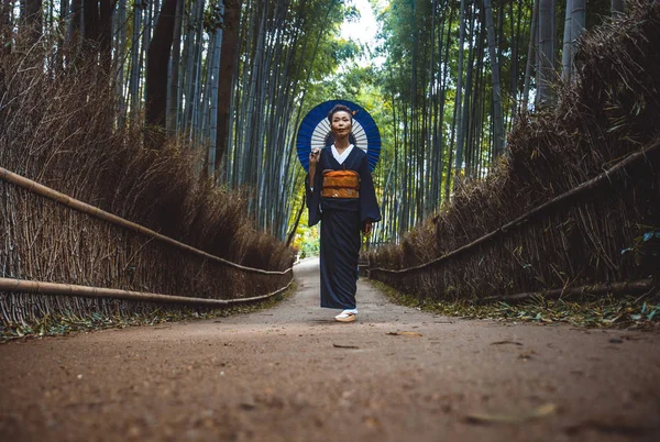 Hermosa japonesa mayor mujer caminando en el bosque de bambú — Foto de Stock