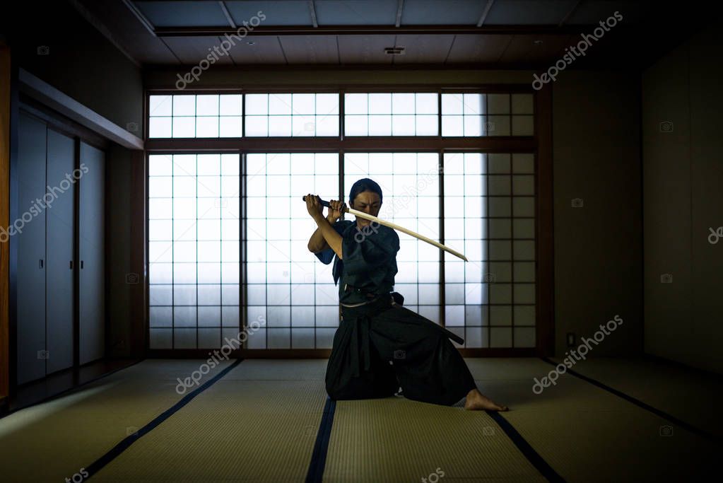 Samurai training in a traditional dojo in Tokyo