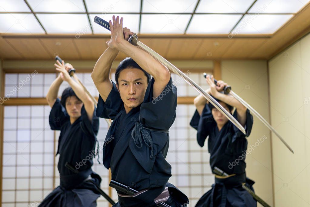 Samurai training in a traditional dojo in Tokyo