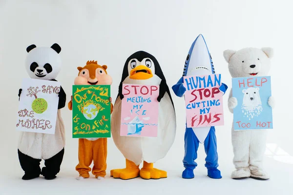 Polar bear and animal mascots characters with a message for huma — Stock Photo, Image