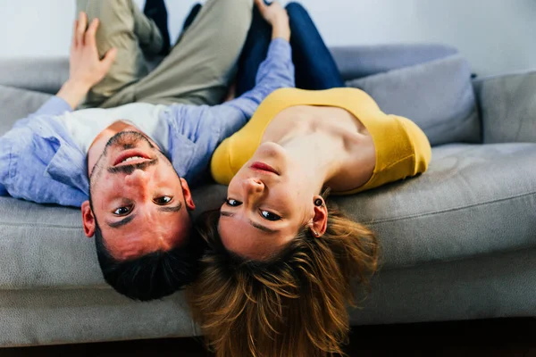 Two Young Adults Home Couple Lovers Having Fun Sofa — Stock Photo, Image