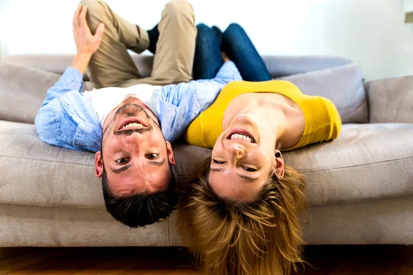 Two Young Adults Home Couple Lovers Having Fun Sofa — Stock Photo, Image