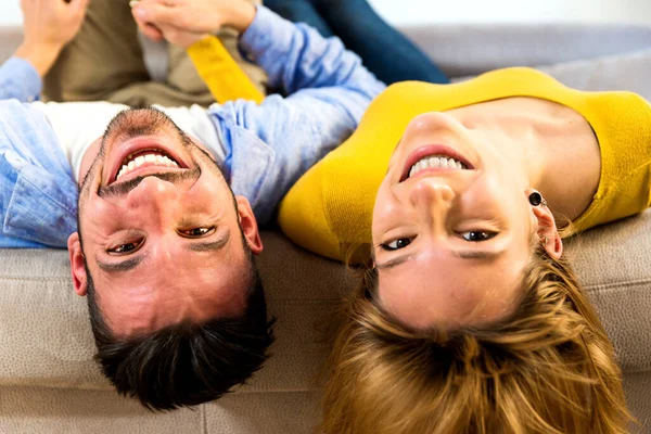 Two Young Adults Home Couple Lovers Having Fun Sofa — Stock Photo, Image