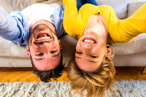 Two Young Adults Home Couple Lovers Having Fun Sofa — Stock Photo, Image