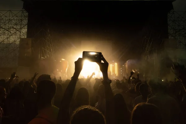 在音乐会上举行聚会的人群 在活动中玩乐的人的情绪化 背景中的闪光灯和彩灯 — 图库照片