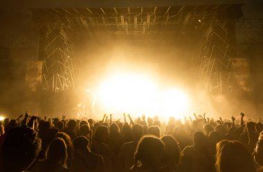Konserde kalabalık parti veriyor - Bir etkinlikte eğlenen insanların Moltitude 'u, arka planda flaş ışığı ve konfeti