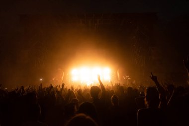 Konserde kalabalık parti veriyor - Bir etkinlikte eğlenen insanların Moltitude 'u, arka planda flaş ışığı ve konfeti