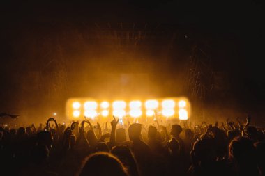 Konserde kalabalık parti veriyor - Bir etkinlikte eğlenen insanların Moltitude 'u, arka planda flaş ışığı ve konfeti