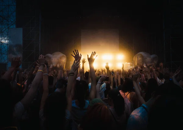 Crowd Having Party Concert Moltitude People Having Fun Event Strobe — Stock Photo, Image