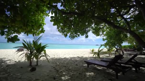 Cámara se mueve de la playa a la laguna azul en Maldivas 4K — Vídeo de stock