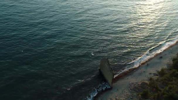 Solitaria roca en la costa del Mar Negro llamado Rock Sail lavado por olas y gaviotas volando por filmación cinematográfica 4k — Vídeos de Stock