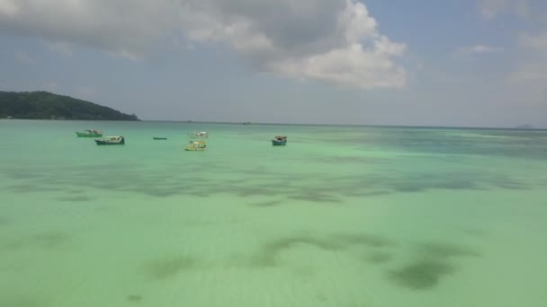 Vista aerea a molte barche da pesca vicino alla costa in luogo paradisiaco nella giornata di sole. Non bracconaggio. 4K — Video Stock