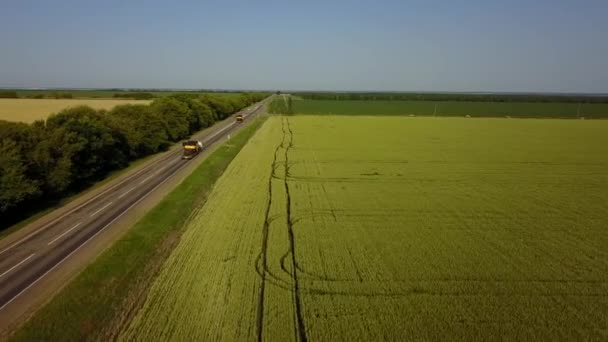 Deux camions se rendent sur la route pour livrer des moissonneuses-batteuses au champ pour la récolte 4K — Video