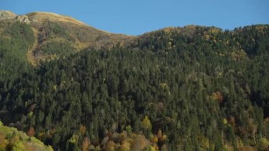 Gün batımında ağaçların arkasında dağlardan vadiye harika bir manzara 4K görüntüsü var.