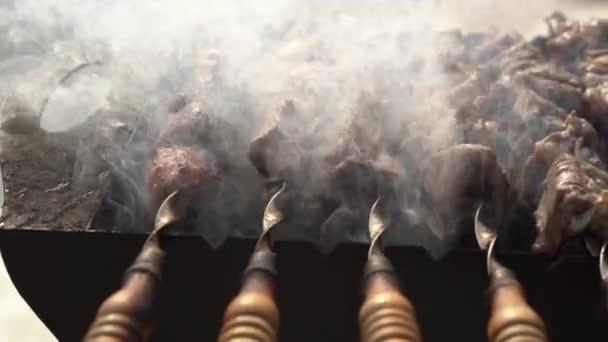 Hat Nyárson Már Majdnem Kész Szaftos Ízletes Kebab Felvétel — Stock videók