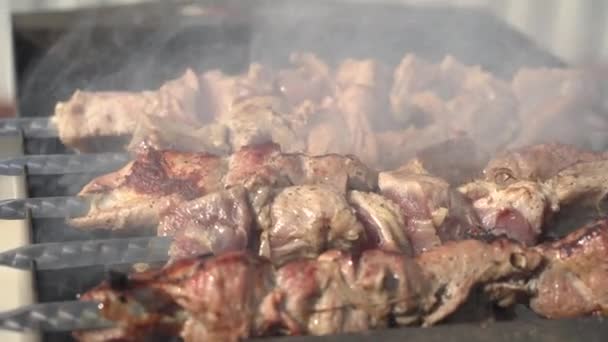 Cozinheiro Coloca Espetos Com Churrasco Grelha — Vídeo de Stock