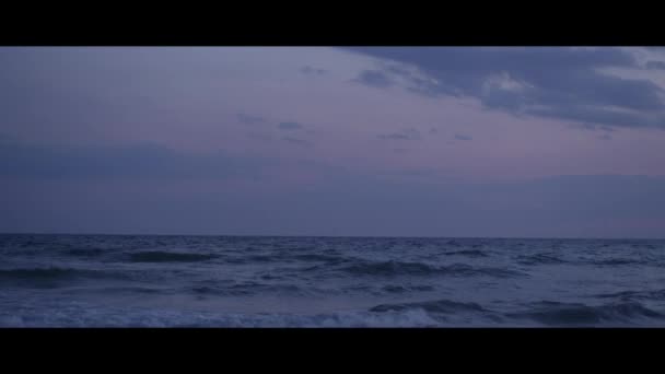 O oceano ao amanhecer. Resort popular. Ondas lavar a costa, gaivotas circulando sobre a água em busca de peixes. A tempestade está a chegar. Imagens épicas vermelhas — Vídeo de Stock