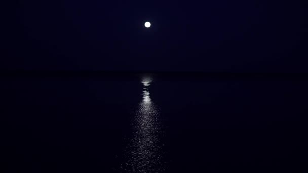 A lua cheia paira muito baixo acima do horizonte em um mar muito calmo duas horas antes do amanhecer. O caminho lunar se estende ao longo de todo o mar até a costa — Vídeo de Stock