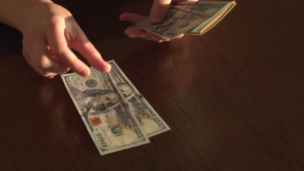 La fille tient un paquet de dollars américains dans ses mains et les met sur la table un billet pour compter le nombre — Video