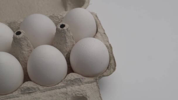 Beaucoup d'œufs par cellule Un œuf est de couleur différente du reste. Panorama. Fond blanc. Avant la cuisson — Video