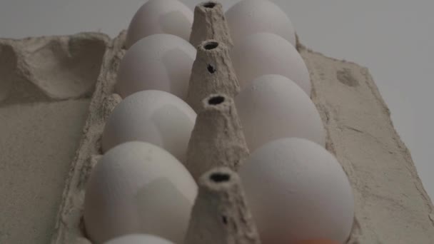 Panorama lent le long de la cellule avec des œufs de poulet. Un œuf étranger dans une cellule. Fermer avant la cuisson. Table blanche . — Video