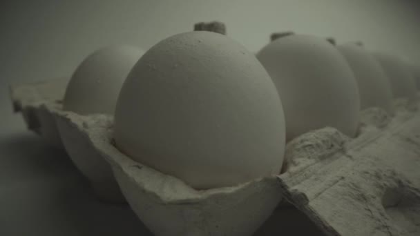 Крупный план многих яиц в клетке. Медленная панорама от одного яйца к другому. Макросъемка Laowa 24 мм объектив 4K — стоковое видео