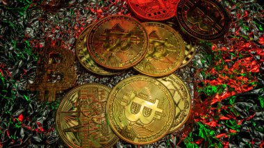 Masada güzel yansımaları olan bir sürü kripto para var. Yeşil ve kırmızı ışık. Üst görünüm