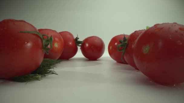 Vegetais frescos de verão apetitosos. Tomates cereja Close-up. Laowa 24 milímetros MACRO tiro — Vídeo de Stock