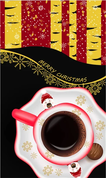 Merry Christmas banner with Cup of coffee on abstract background, greeting card